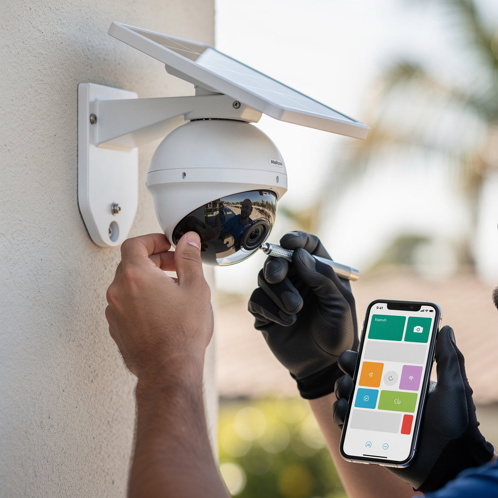 Halcyon Mobile Security Solutions expert installing a modern, sustainable security camera system in San Diego